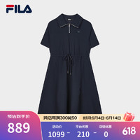 FILA Emerald斐乐女子梭织连衣裙2024夏季翻领不规则下摆裙子 浓墨蓝-NV 180/96A/XXL