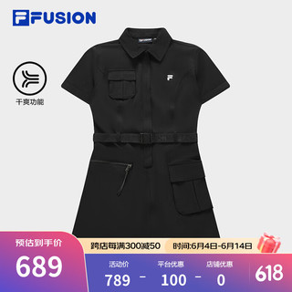 FILA FUSION斐乐潮牌女子梭织连衣裙2024夏季时尚干爽收腰裙 正黑色-BK 175/92A/XL