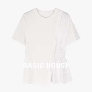 百家好（Basic House）Basic House/百家好纯色百搭休闲夏日拼接不对称设计感短袖T恤女 白色
