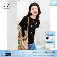 玖姿·安娜蔻【清爽沁凉】民族风佩斯利印花正肩T恤女2024夏季 素黑 S