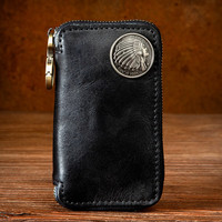 慢时光复古潮手工真皮钥匙包多功能头层牛皮锁匙包腰挂汽车锁包男女款 黑色
