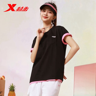 XTEP 特步 夏季短袖针织衫女运动T恤上衣877228010047 正黑色 2XL