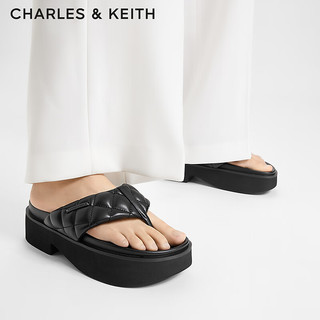 CHARLES&KEITH24夏季厚底夹趾菱格人字拖女外穿CK1-70381046 Black黑色 37