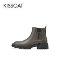 88VIP：KISSCAT 接吻猫 秋冬季新款短靴一脚蹬烟筒靴圆头牛皮中粗跟加绒切尔西靴女