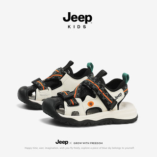 Jeep儿童包头凉鞋夏季中大童软底运动女童鞋2024男童鞋子夏款 黑米色 33码 鞋内长约20.5cm