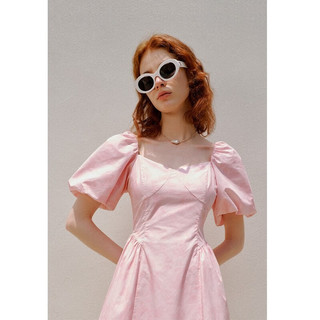 太平鸟夏季法式气质连衣裙v领暗纹泡泡袖高腰甜美长裙 粉色 S