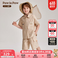 PawinPaw卡通小熊童装2024年夏季男童梭织短袖衬衫短裤套装 Beige米色/35 150cm