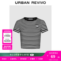 URBAN REVIVO 女装都市休闲撞色条纹趣味刺绣T恤衫UWU440084 黑色条纹 M
