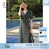 玖姿·安娜蔻优雅淑女风印花串珠抽褶裙摆收腰连衣裙2024夏季 花丈青 S