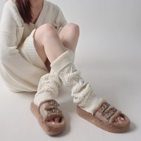 花思妍日系jk麻花针织腿套翻边羊毛袜套韩国同款及膝堆堆黑色腿套冬A39 白色 均码