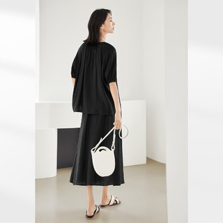 对白新中式国风套装裙女2024年夏季飘带衬衫半身裙垂感两件套 静谧黑（6月22日） XL
