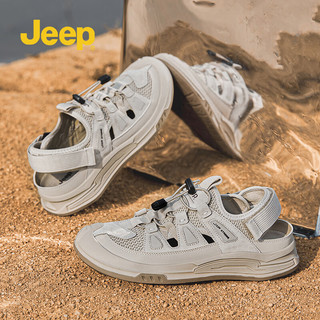 Jeep 吉普 夏季包头凉鞋男鞋外穿运动休闲软底订单真皮沙滩鞋男款 沙色 42 运动鞋码