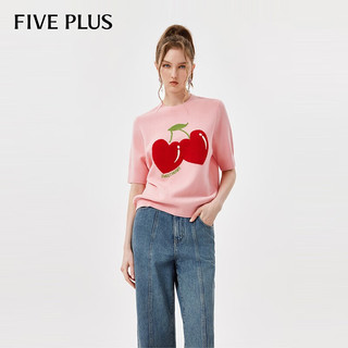 FIVE PLUS明星同款樱桃图案短袖针织衫女春季女装气质圆领套头上衣 粉红色180 M