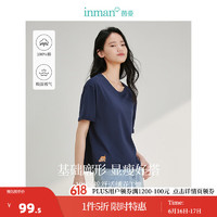 茵曼（INMAN）圆领短款纯棉短袖T恤女2024年夏季设计感上衣 黑蓝色 L