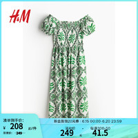 H&M女装连衣裙2024夏季 气质花卉印花一字肩短袖中长裙1230970 绿色/图案 170/104