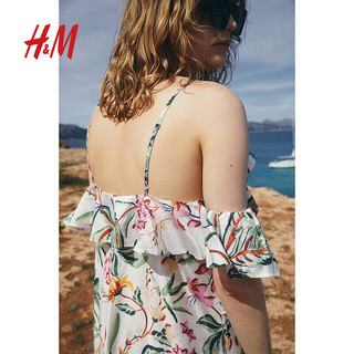 H&M2024夏季女装荷叶边露肩连衣裙1239364 奶油色/花卉 170/104