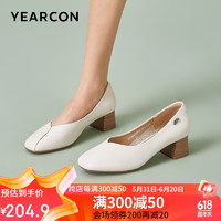 YEARCON 意尔康 女士单鞋24新款圆头软面舒适厚跟鞋女 26723W 米白 38