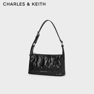 CHARLES&KEITH24夏褶皱油蜡皮斜挎气质小方包手提包腋下包CK2-80160183 Noir黑色 S