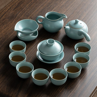 苏氏陶瓷（SUSHI CERAMICS）汝窑功夫茶具套装家用侧把茶壶盖碗开片可养金线8茶杯高档礼盒装