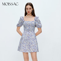 MOISSAC/摩萨克 夏法式X型方领修身泡泡袖中长款连衣裙女 花浅蓝 XS