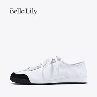 Bella Lily2024夏季撞色牛皮小白鞋女学院风板鞋百搭平底鞋子 白色 38