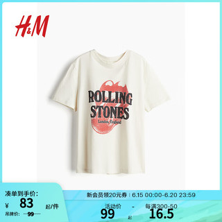 H&M女装T恤2024夏季内搭短袖宽松圆领棉质上衣0762470 奶油色/The Rolling Stones 170/116 XL