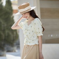 法式印花纯棉衬衫女夏季田园荷叶边气质V领抽褶短袖衬衣