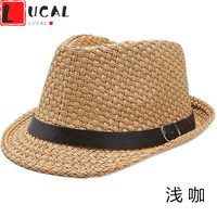 LUCALY可调节博士帽男士礼帽短沿潮时尚英伦爵士礼帽春夏遮阳草防晒沙滩帽绅士帽子 皮带浅咖