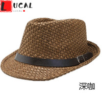 LUCALY可调节博士帽男士礼帽短沿潮时尚英伦爵士礼帽春夏遮阳草防晒沙滩帽绅士帽子 皮带深咖