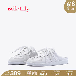 Bella Lily2024春季外穿半包拖鞋女蕾丝小白鞋无后跟德训鞋子 白色 35