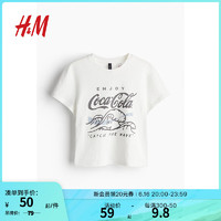 H&M女装T恤2024夏季修身印花时尚舒适棉质短款短袖上衣1207443 白色/Coca-Cola S 160/88
