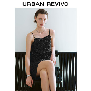 URBAN REVIVO 女士高级气质一字领亮片吊带连衣裙 UWG740136 黑色 XS