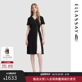 歌力思（ELLASSAY）2024夏季新中式撞色设计感拼接短袖v领连衣裙女EWD355Y18500 经典黑 XS