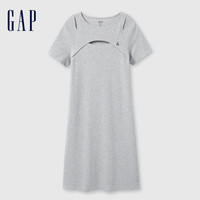 Gap 女装2024夏季镂空小熊刺绣针织短袖连衣裙时尚长裙 465047 灰色 XL