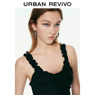 URBAN REVIVO 女士甜美暗黑风捏褶木耳边连衣裙 UWV740080 黑色 M