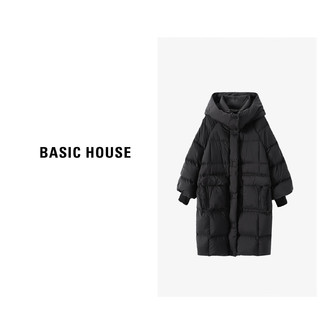 百家好（Basic House）90鹅绒中长款鹅绒服羽绒服女秋冬新款保暖连帽宽松高级感大衣 黑色