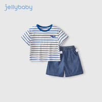 JELLYBABY男童夏季套装3小童短袖短裤童装休闲儿童夏装条纹两件套5宝宝衣服 蓝色条纹 130CM