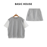 百家好（Basic House）Basic House/百家好运动宽松时尚百搭假两件休闲套装 灰色上衣+半裙 S