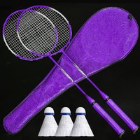 航恩羽毛球拍双拍2支装耐打耐用进攻型初学男女通用学生球拍 紫色双拍+3球+排包
