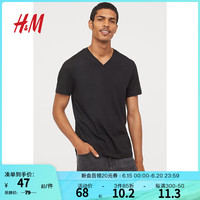 H&M男装T恤2024夏季标准版型V领T恤棉质男士修身上衣0763275 黑色 170/92