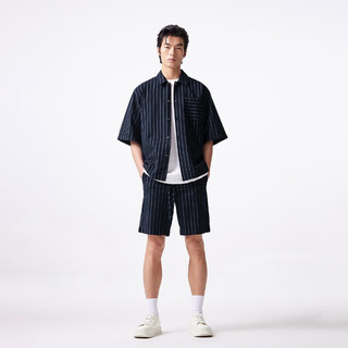 杰克·琼斯（JACK&JONES）夏商务休闲宽松纯棉条纹经典上衣短袖衬衫外套男装224204052 藏蓝 常规 175/96A/M