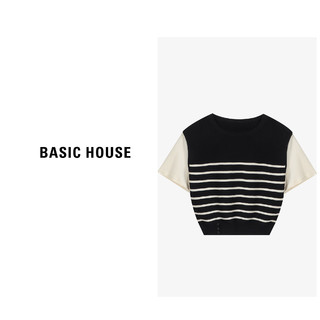 Basic House/百家好夏季条纹拼接撞色女士毛衣针织衫-B0624H5W222 米白 L120-140斤