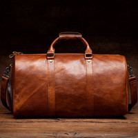 mantime 慢时光 大容量真皮旅行包男包头层牛皮行李包出差手提包16吋电脑单肩包独立鞋仓健身包 浅棕色