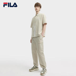 FILA 斐乐男子梭织短袖衬衫2024夏简约休闲时尚宽松上衣 仙人掌灰粉-LP XS