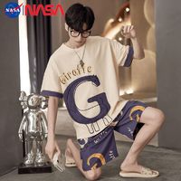 NASAOVER NASA睡衣男夏季纯棉短袖短裤男生薄款字母休闲薄款青少年宽松套装