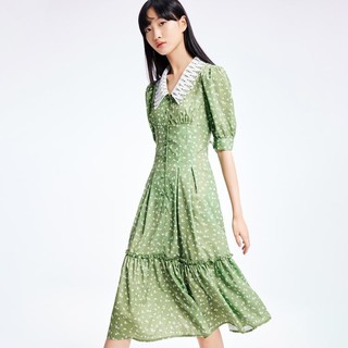 LILY商务时尚 热销夏季法式复古优雅泡泡袖蕾丝洋气印花短袖连衣裙子女