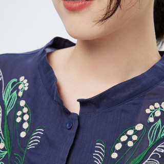 斯琴（siqin）季女深兰棉麻混纺刺绣立领五分袖衬衫 BCXS02828 深兰 S