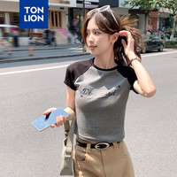 唐狮 TONLION2024女圆领插肩袖字母短款短袖T恤WP 深麻灰 M