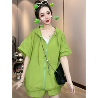乌拓职业装夏季短袖薄款透气小个子开衫上衣托腹短裤两件套装 绿色套装 M
