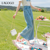 La·go·go 拉谷谷 Lagogo拉谷谷复古浅蓝色牛仔裤女2024年夏季新款高腰宽松阔腿裤